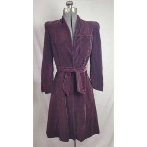 Vintage 60s 70s Velour Velvet Brown Over Coat Trench Tie Waist Size XS/S